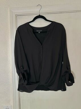Black Long Sleeve Shear Button Blouse V Neck